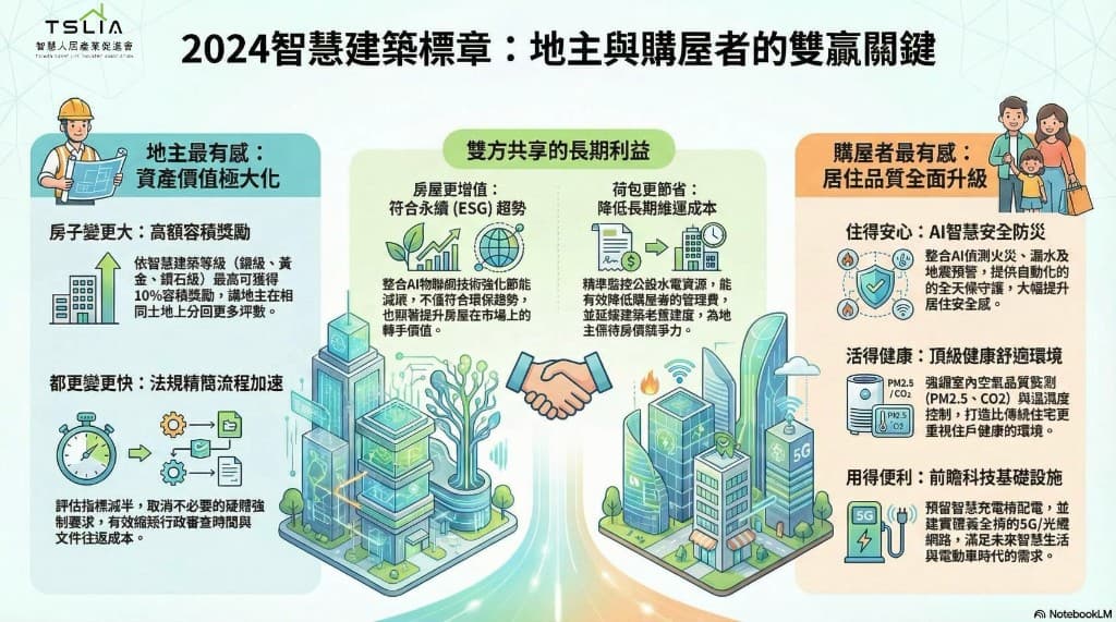 2024 智慧建築標章:地主資產價值、雙方共享利益、購屋者居住品質(簡報圖)